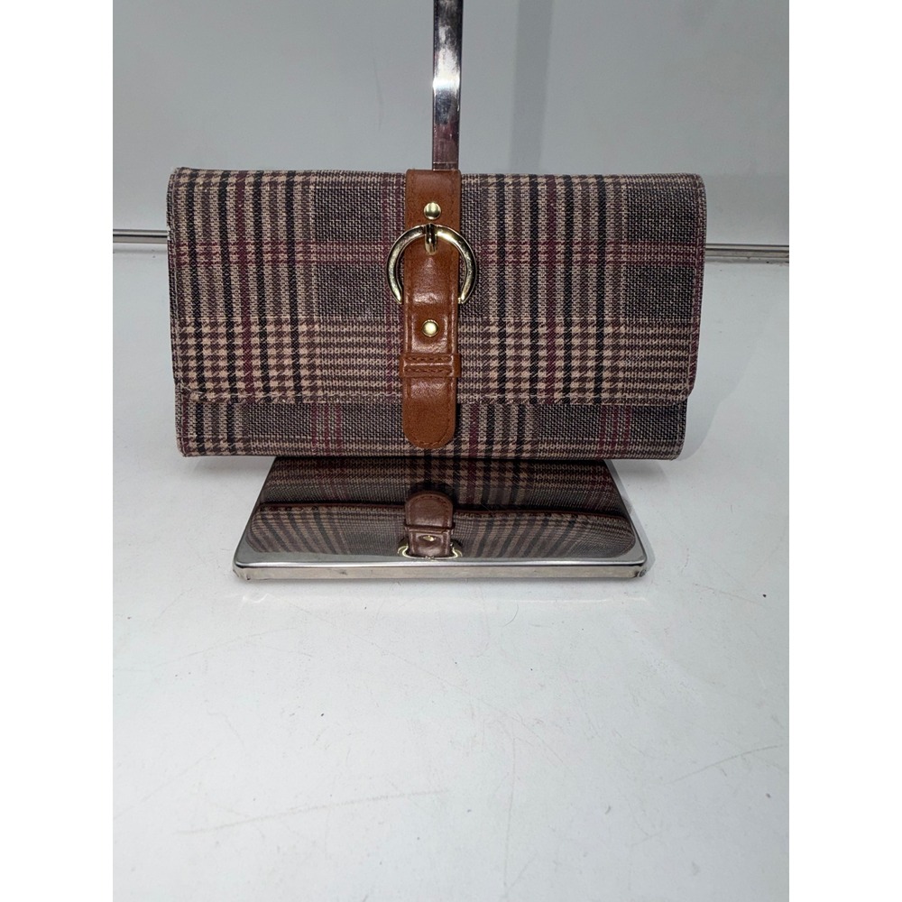 Brown Plaid Check Tri-Fold Wallet with Gold Buckle Accent and ID Window